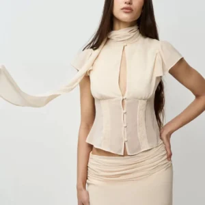 Apricot Silk Scarf Ribbon Chiffon Shirt Semi-Transparent High-Waist Waist-Cinching Top Low-Waist Pleated Skirt