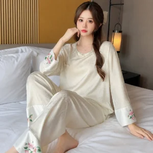 Women's New Chinese Style Ice Silk Pajama Set Spring Autumn Satin Loungewear with Built-in Chest Pads Elegant Home Sleepwear