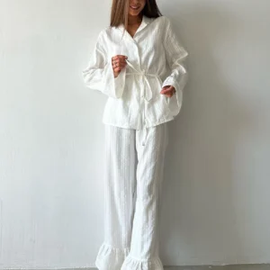 Casual Women Nightgown 2 Piece Suit Long Sleeve Nightwear Turn-Down Collar Sleepwear Pants Loose Home Clothes Ladies