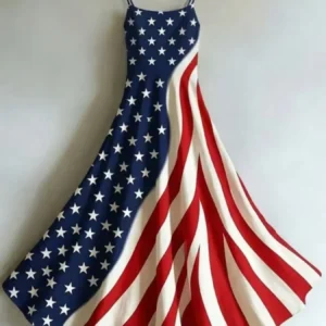 Plus Size Women's Long Spaghetti Strap A-Line Maxi Dress, Classic American Flag Star And Stripe Patchwork Print, Fitted High Waist & Large Swing Hem, V-Neck Cami Style, Perfect For Dating, Afternoon Tea, Vacation, Daily Summer Wear, Lightweight Quick-Dry