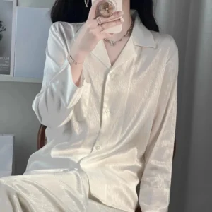 26 Summer Autumn Ice Silk Pajamas Women Long Sleeve Pants Jacquard Cardigan Luxury High-End Loungewear Nightgown Sleepwear