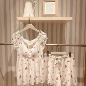 Summer New Cute Sweet Strawberry Doll Collar Pure Cotton Sleepwear Set with Chest Pad Home Clothes Short Sleeve round Neck